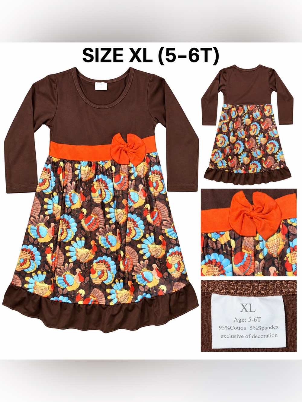 Girls Brown & Orange Turkey Print Fall Dress with Bow
